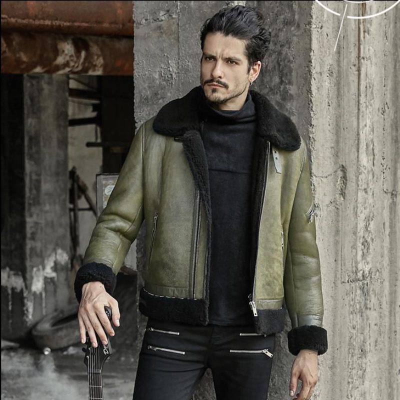 Green Men's Flying Pilot Sheepskin Shearling Leather Jacket